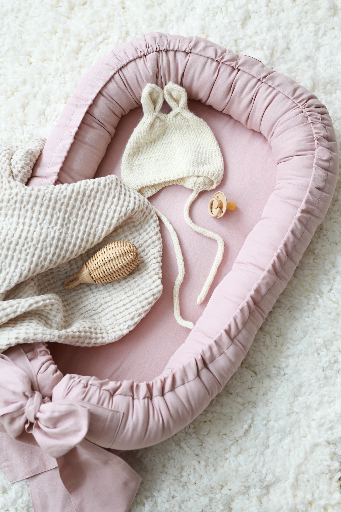 Babynest din in moale cu fundita Powder Pink - Babyly