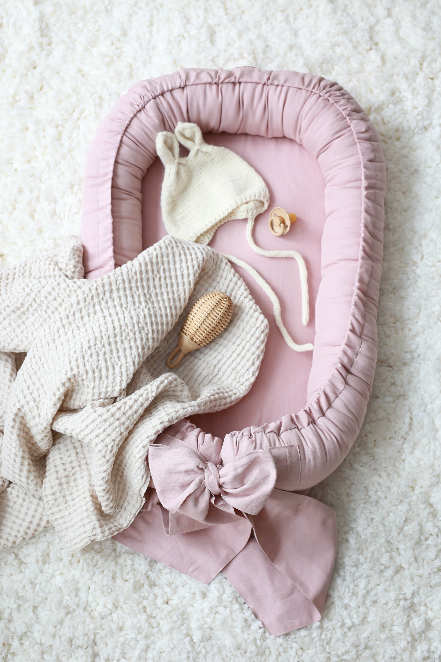 Babynest din in moale cu fundita Powder Pink - Babyly