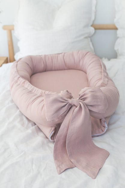 Babynest din in moale cu fundita Powder Pink - Babyly