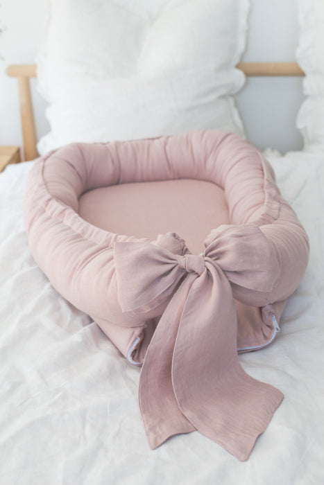 Babynest din in moale cu fundita Powder Pink - Babyly