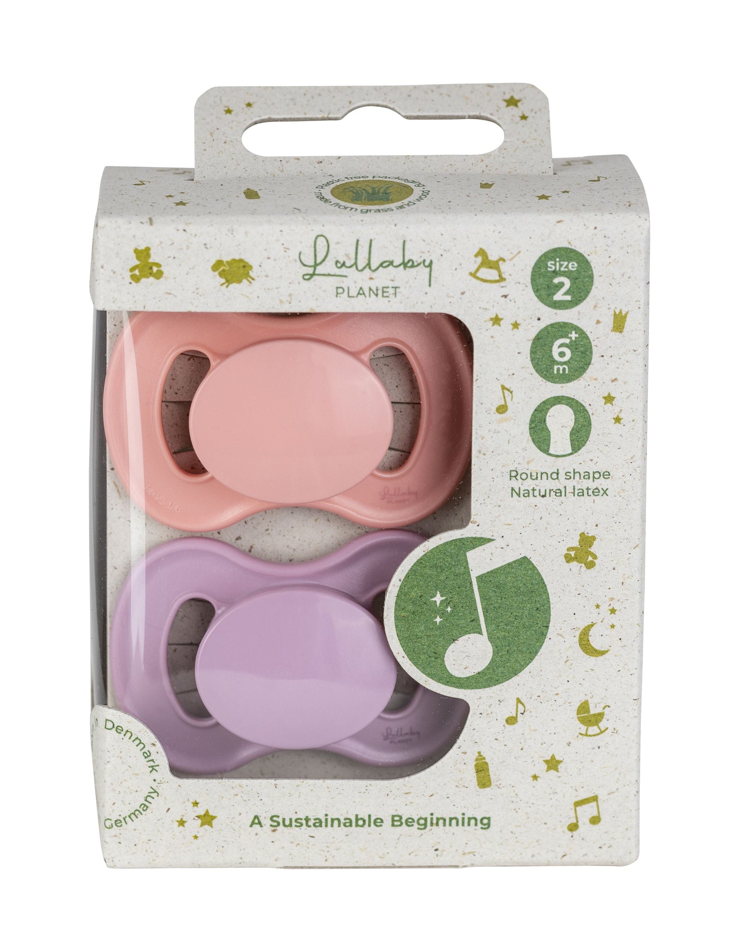 Set doua suzete round, 6-18luni, pink coral&lavander, Lullaby Planet