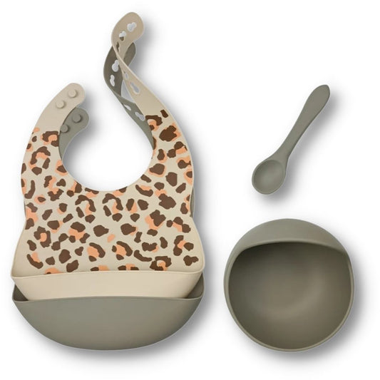 Set bavete de silicon + bol cu ventuza si lingura, Leopard sage- Rammelaartje